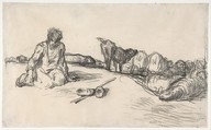 A Seated Shepherd with His Dog and Sheep, Jean-François Millet (French, Gruchy 1814–1875 Barbizon), Conté crayon on wove paper