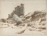 Landscape, Vichy, Jean-François Millet (French, Gruchy 1814–1875 Barbizon), Pen and brown ink over graphite. Blue, black and green chalk on laid paper (watermark:  bunch of grapes)