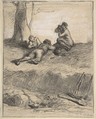 Roadworkers at Lunch, Jean-François Millet (French, Gruchy 1814–1875 Barbizon), Conté crayon with stumping, heightened with white gouache, on laid paper