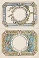 Two Separate Designs for the Top and Bottom of a Rectangular Gold Enameled Box with Canted Corners, Attributed to Pierre Moreau (French, 1722–1798 Paris), Pen and black ink with brush and rose, crimson, green and gold wash