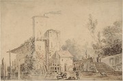 Farm House by a River with Figures, Louis Gabriel Moreau (French, Paris 1740–1806 Paris), Pen and brown ink, brush and watercolor, over black chalk.