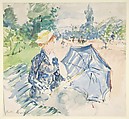 A Woman Seated at a Bench on the Avenue du Bois, Berthe Morisot (French, Bourges 1841–1895 Paris), Watercolor over traces of graphite