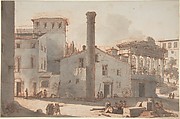 View of the Roman Forum with the Column of Phocas and the Temple of Saturn, Victor Jean Nicolle (French, Paris 1754–1826 Paris), Pen and brown ink, brush and gray wash over red chalk