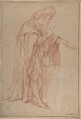 Standing Male Figure with Left Arm Extended, Charles Joseph Natoire (French, Nîmes 1700–1777 Castel Gandolfo), Red chalk, traces of black chalk, heightened with white, on beige paper.