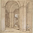 Staircase in the Palazzo Barberini, Palestrina, attributed to Charles Joseph Natoire (French, Nîmes 1700–1777 Castel Gandolfo), Pen and brown ink, brush and brown wash, over black chalk, heightened with white