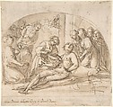 The Emperor Constantine Copronymous Burned by an Invisible Fire (recto); Studies of Sibyls and Angles (verso), Giovanni Baglione (Italian, Rome 1566–1643 Rome), Pen and brown ink, brush and brown wash, over black chalk (recto). Pen and brown ink, over black chalk (verso)