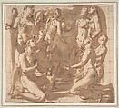 Group of Nude Male Figures Kneeling and Standing in Supplication, Giovanni Baglione (Italian, Rome 1566–1643 Rome), Pen and brown ink, brush and brown wash. Squared in red chalk