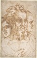 Three Male Heads, Baccio Bandinelli Italian, Pen and brown ink over traces of black chalk