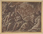 Nymphs Bathing, Marcantonio Bassetti (Italian, Verona 1586–1630 Verona), Brush and brown wash, heightened with white oil paint, on brown-washed paper