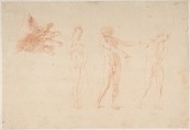 Three Nude Male Figures; Study of the Right Hand of the Figure on the Left, Pompeo Batoni (Italian, Lucca 1708–1787 Rome), Red chalk