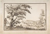 Framed Landscape with a View of Castel Durante with a Figure Holding an Inscribed Plaque in the Foreground, Ercole Bazicaluva  Italian, Pen and dark brown ink