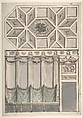 Framed Design for an Architectural Interior: Coffered Ceiling with Central Hexagonal Cartouche and Walls with Floral Ornament and Drapery., Attributed to Antonio Basoli (Italian, Castel Guelfo di Bologna 1774–1843 Bologna), Pen and brown ink, brush and brown, gray, blue, orange, green wash, over traces of graphite