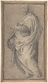 Drapery Study for a Standing Male Figure in Profile Facing Left, Workshop of Fra Bartolomeo (Bartolomeo di Paolo del Fattorino) (Italian, Florence 1473–1517 Florence), Black chalk, highlighted with white chalk, on tan paper