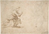 The Annunciation (recto); Faint View of Buildings (verso), Fra Bartolomeo (Bartolomeo di Paolo del Fattorino) (Italian, Florence 1473–1517 Florence), Pen and brown ink (kneeling angel at left), faint black chalk (the hardly legible standing figure of the Virgin at right) (recto); faint view of buildings in pen and brown ink (verso)