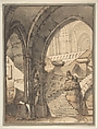 Framed Design for a Stage Set with Arches, Stairs, Human Figure and Sphinx Statue., Attributed to Mauro Berti (Italian, Bologna 1772–1842 Bologna), Pen and brown ink, brush with brown and gray wash