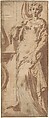 Standing Female Figure and Ornamental Framework, Girolamo Mazzola Bedoli Italian, Pen and brown ink, brush and brown wash, over traces of black chalk; squared in black chalk