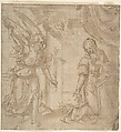 Annunciation, Marchigian artist near Filippo Bellini (Italian, Urbino 1550/55–1604 Macerata), Pen and brown ink, brush and brown wash, over leadpoint or black chalk, on paper washed light brown; squared for transfer