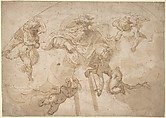 God the Father with Four Angels, Bertoia (Jacopo Zanguidi) (Italian, Parma 1544–?1573 Caprarola (?)), Pen and brown ink, brush and brown wash, over traces of black chalk