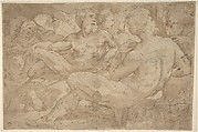 Copy in Reverse Design Orientation: Based on the Group of Reclining Figures at Left in Domenico Beccafumi's Scene of Moses Striking the Rock in the Pavement of Siena Cathedral, After Domenico Beccafumi (Italian, Cortine in Valdibiana Montaperti 1484–1551 Siena), Pen and brown ink, brush and brown wash, over traces of black chalk; framing lines in pen and brown ink