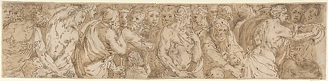 Procession (left-hand portion of border below Sacrifice of Isaac, inlaid-marble pavement, Siena Cathedral), Domenico Beccafumi  Italian, Pen and brown ink, brush and brown wash, over leadpoint or black chalk