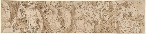 Procession (left-hand portion of border below Sacrifice of Isaac, inlaid-marble pavement, Siena Cathedral), Domenico Beccafumi  Italian, Pen and brown ink, brush and brown wash, over leadpoint or black chalk
