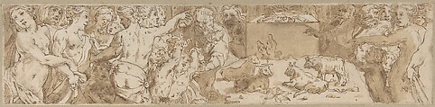 Procession (left-hand portion of border below Sacrifice of Isaac, inlaid-marble pavement, Siena Cathedral), Domenico Beccafumi  Italian, Pen and brown ink, brush and brown wash, over leadpoint or black chalk