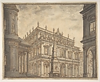 Design for a Stage Set: A Town Square with a Fountain., Ferdinando Galli Bibiena (Italian, Bologna 1657–1743 Bologna), Pen and brown ink, brush with gray and brown wash over graphite