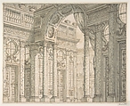 Design of a Perspective for a Stage Set with Courtyard and Triumphal Arch., Ferdinando Galli Bibiena (Italian, Bologna 1657–1743 Bologna) - circle of, Pen and brown ink, brush and green and gray wash, over traces of leadpoint with some traces of white gouache to cancel parts of the drawing
