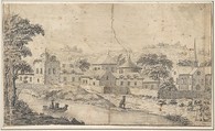 A Town by a Rivers Edge, Attributed to Nicolas Perelle (French, Paris 1631–1695 Orléans), Pen and black ink