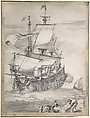 A Frigate at Sea, Pierre Puget (French, Château Follet 1620–1694 Fougette), Pen and black ink, gray wash, brown ink, over black chalk, on vellum.  Mounted on board.