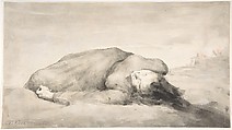 War Scene (A Female Casualty), Théodule-Augustin Ribot (French, Saint-Nicolas-d'Attez 1823–1891 Colombes), Pen and black ink, brush and gray wash, with touches of red ink on heavy off-white wove paper