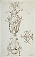 Ornamental Design with Caryatid Figure Standing on Stool and Holding a Bowl; Puttis on the Sides Hold Drapery and Support Base with an Eagle; on the Right Side Decorative Figures with Acanthus surmounted by Flowing., Giuseppe Bernardino Bison (Italian, Palmanova 1762–1844 Milan), Pen and brown ink, brush and brown wash, over traces of black chalk on pale blue gray prepared paper
