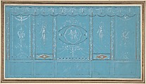Design for a Decorated Wall with Grottesque over Blue Background, Giuseppe Bernardino Bison (Italian, Palmanova 1762–1844 Milan), Pen and black ink, brush and orange-gold, black wash with white gouache over traces of leadpoint on blue prepared paper