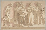 Scene of Antique Sacrifice, Giuseppe Bernardino Bison (Italian, Palmanova 1762–1844 Milan), Pen and brown ink, brush with brown and pink wash, over traces of black chalk or graphite.  Framing outlines in pen and brown ink, and, at the left border, in graphite