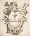 Design for a Cartouche flanked by winged Sirens with a Coat of Arms containing a Fleur-de-Lis, Attributed to Carlo Bianconi (Italian, Bologna 1732–1802 Milan), Pen and brown ink over traces of leadpoint