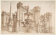 Design for a Stage Set: Semi-Circular Architectural Ruins, Fountains, and an Obelisk, Ferdinando Galli Bibiena (Italian, Bologna 1657–1743 Bologna), Pen and brown ink, brush and brown wash over graphite