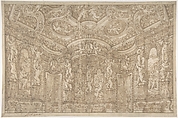 Design for a Stage Set of a Palace Interior Decorated with Putti, Garlands and Three Portrait Medallions, Attributed to Ferdinando Galli Bibiena (Italian, Bologna 1657–1743 Bologna), Pen and brown ink over traces of graphite