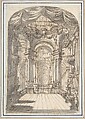 Perspectival Sketch for a Palace Interior, Giuseppe Galli Bibiena Italian, Pen and brown ink, brush and gray wash, over traces of graphite; framing lines in pen and black ink, brush and light pink wash