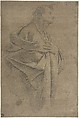 Saint Bartholomew (recto); Study of Drapery and Two Hands (verso), Carlo Bononi (Bonone) (Italian, Ferrara 1569–1632 Ferrara), Black chalk, highlighted with white, on brown washed paper (recto); black chalk (verso)