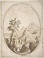 Vertical Oval Vignette of a Mountainous Landscape with Two Shepherds in the Foreground., Carlo Antonio Buffagnotti (Italian, Bologna 1660–after 1710 Ferrara), Pen and brown ink. Framing outlines in pen and brown ink