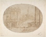 Architectural Perspective for a Stage Set with a Bridge, Statues and a Fountain in the Background and Human Figures in the Foreground, Carlo Antonio Buffagnotti  Italian, Pen and brown ink over traces of leadpoint