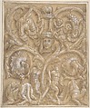 Design for an Ornamental Panel with Rinceaux, Satyrs, Putti, Monsters and a Human Head, Attributed to Giulio Campi (Italian, Cremona 1502–1572), Pen and brown ink, brush and brown wash on brown ink washed paper, highlighted with white gouache