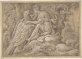Jupiter and Astraea, Giulio Campi Italian, Pen and brown ink, brush and brown wash, highlighted with white gouache, on paper tinted with a thin brown wash