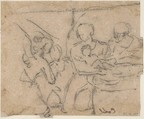 The Dead Christ Mourned by Saint Mary Magdalen (recto); The Holy Family with an Attendant (verso), Giuseppe Cades (Italian, Rome 1750–1799 Rome), Pen and brown ink (recto); black chalk (verso)