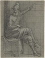 Bearded  Old Man Seated with Left Arm Extented, Bernardino Campi (Italian, Cremona 1522–1591 Reggio Emilia), Black chalk, highlighted with white, on blue-gray paper. Squared in black chalk