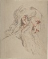 Head of a Bearded Man, Jean Restout le jeune (French, Rouen 1692–1768 Paris), Black and red chalk, heightened with white on beige paper.  Squared for transfer in graphite