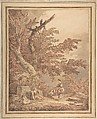 Young Women in a Landscape with Architectural Fragments, Hubert Robert (French, Paris 1733–1808 Paris), Pen and brown ink, brush and brown, gray, and blue wash, over red chalk counterproof