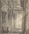 Figures in the portico of the church of Saint Genevieve, Paris, Gabriel de Saint-Aubin  French, Pen and brown ink, brush and gray and brown wash, over black chalk