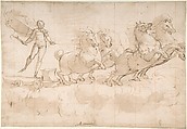 Apollo Driving the Chariot of the Rising Sun, Luca Cambiaso  Italian, Pen and brown ink, brush and brown wash, over black chalk; squared in red chalk