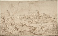 Imaginary Coastal Landscape with Ruins, Domenico Campagnola ? Italian, Pen and brown ink